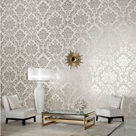 Raumbild Wohnzimmer mit Luxus Tapeten Barock Stil mit Silber metallic Schimmer
