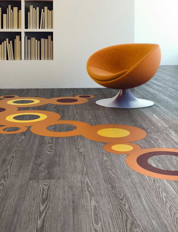 PVC Boden Uni gelb orange rotbraun Pop Art Kreise u. Holzoptik aus Berlin online kaufen