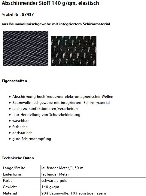 EMV Abschirm Stoffe - elektromagnetische Abschirmung nach DIN für Objektbereich - Datenblatt Technische Daten