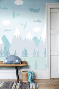 Raumbild Kinderzimmer - Tapeten Idee grün hell blau türkis weiss grau Kinder Mini Tapetenbild brio Air aus Berlin Deutschland