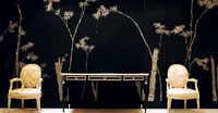 Raumbild Wohnzimmer - Tapeten Idee Motiv gold schwarz japanisch koreanisch Tapete handgemalt auf Papier aus Berlin Deutschland