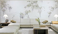 Raumbild Wohnzimmer - Tapeten Idee Motiv Tapete grün weiss grau handgemalt auf Papier oder Seide oder Gold-Metall Untergrund möglich