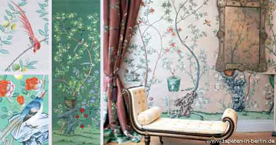 Raumbilde Wohnzimmer - Tapeten Idee Blumen rosa auf weiss und grün Motiv Tapeten handgemalt auf Seide