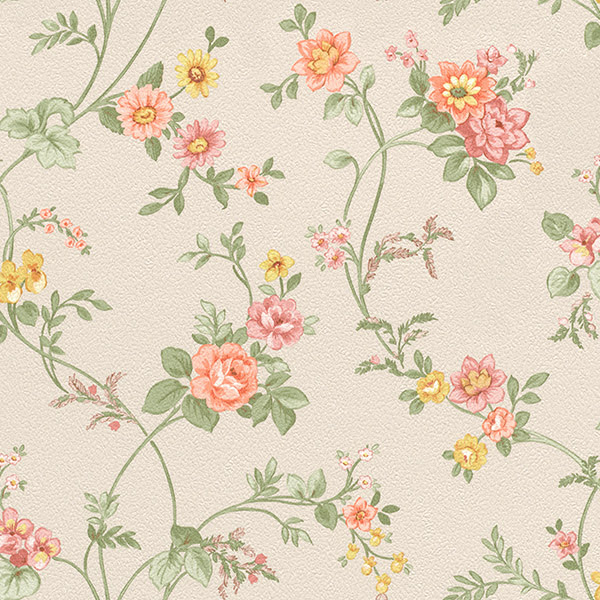 romantische Blumentapete, Blumen in orange rosa gelb grün pastell beige aus Berlin kaufen