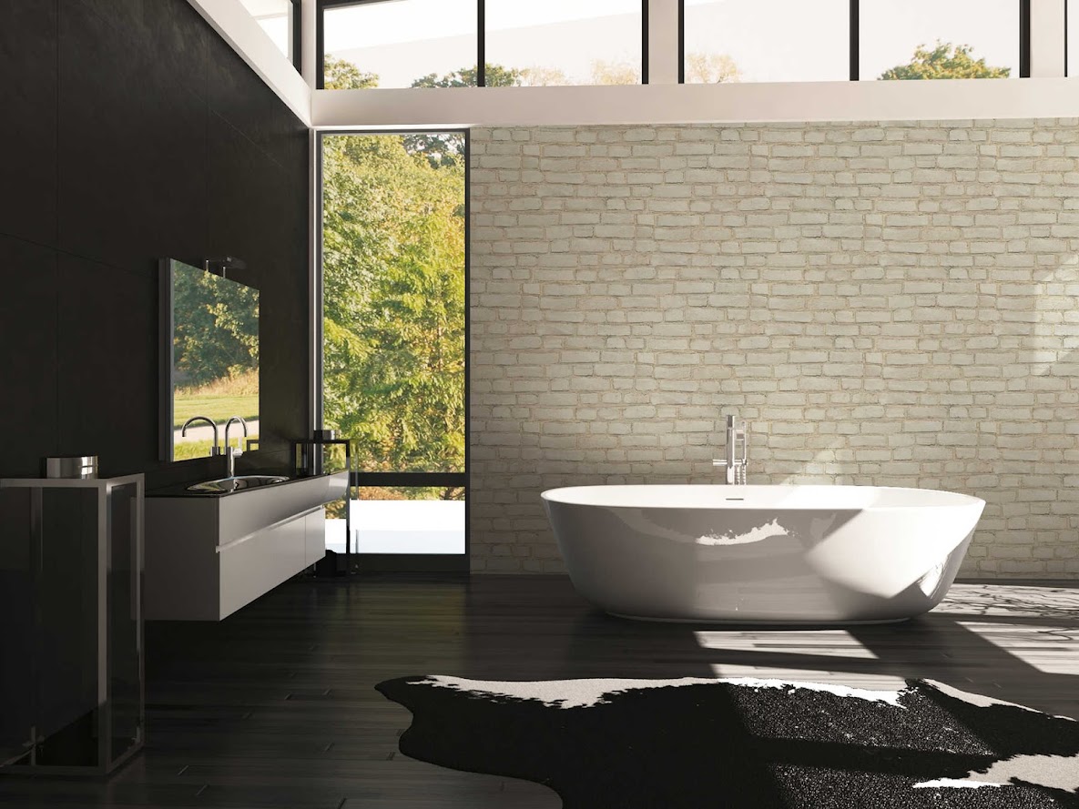 3D Stein Tapete hell beige im Badezimmer Raumbild