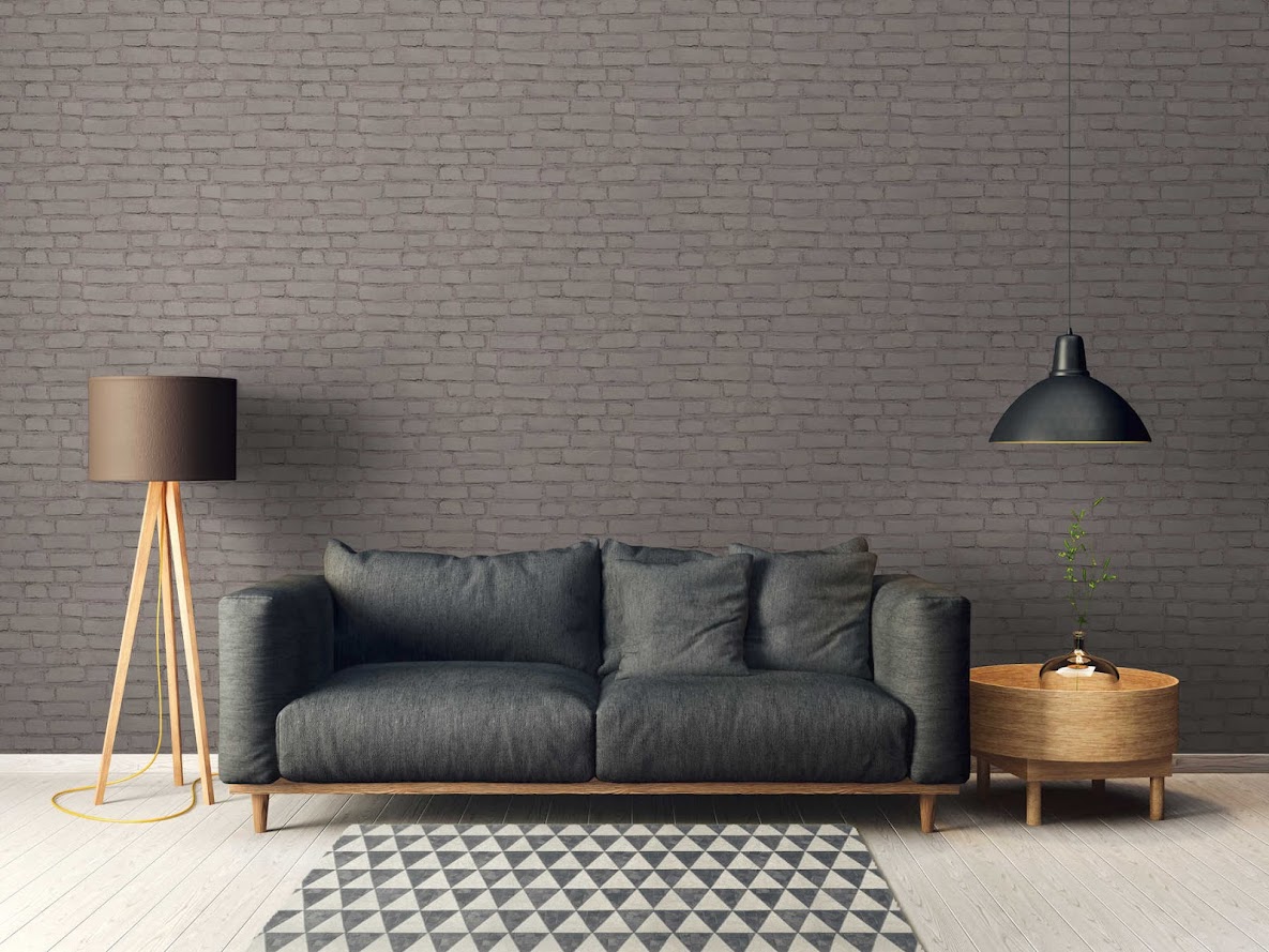 3D Stein Tapete hellgrau taupe im Wohnzimmer Raumbild