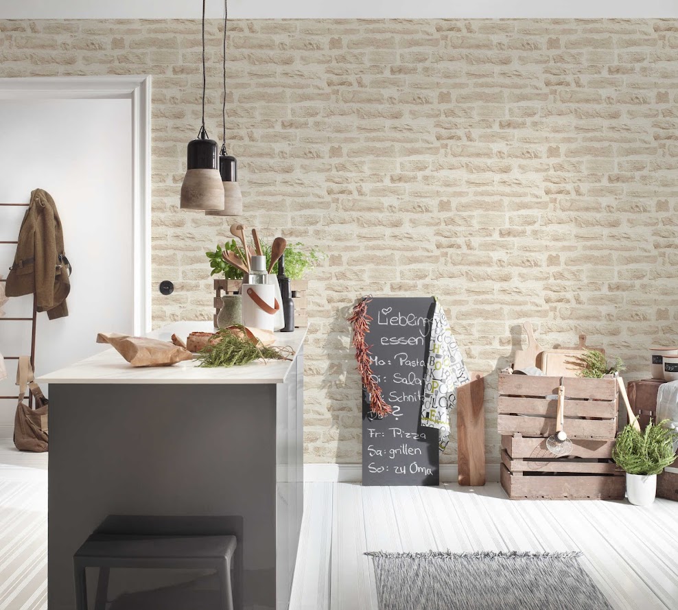 3D Stein Tapete beige im Wohnzimmer Raumbild