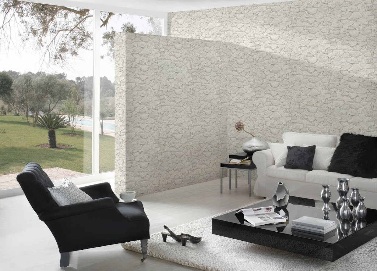 3D Stein Tapete beige weiss grau im Wohnzimmer Raumbild