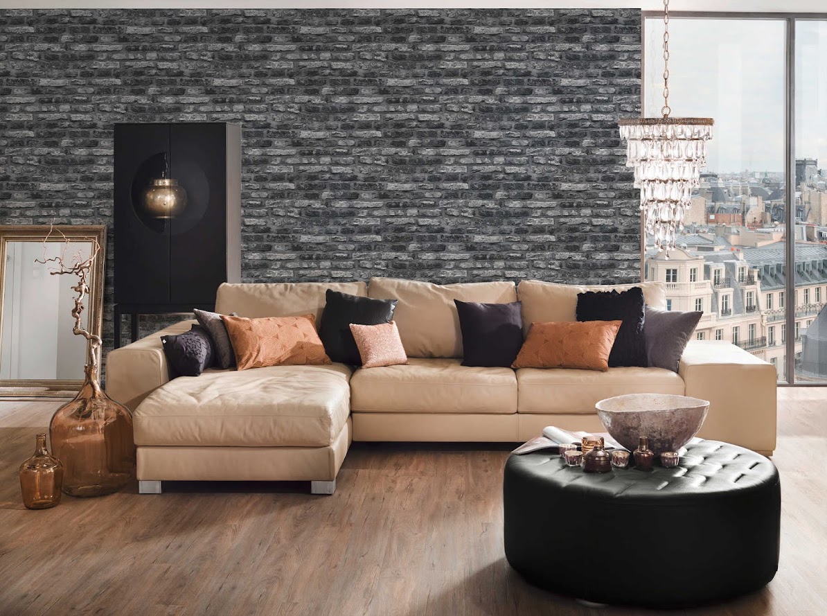 3D Stein Tapete grau schwarz weiss im Wohnzimmer Raumbild