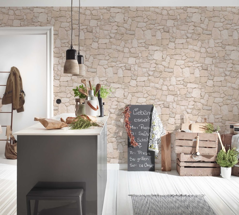 3D Stein Tapete beige braun im Wohnzimmer Raumbild