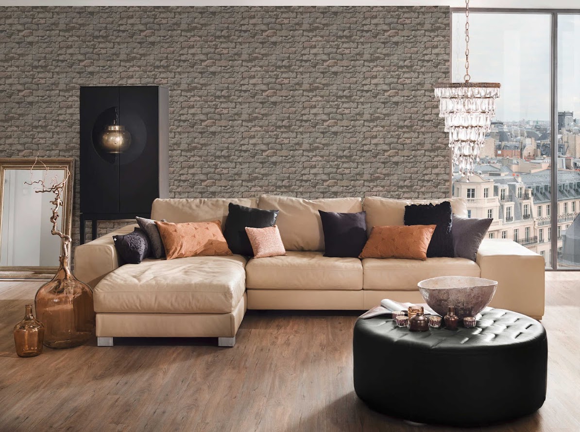 3D Stein Tapete beige braun im Wohnzimmer Raumbild