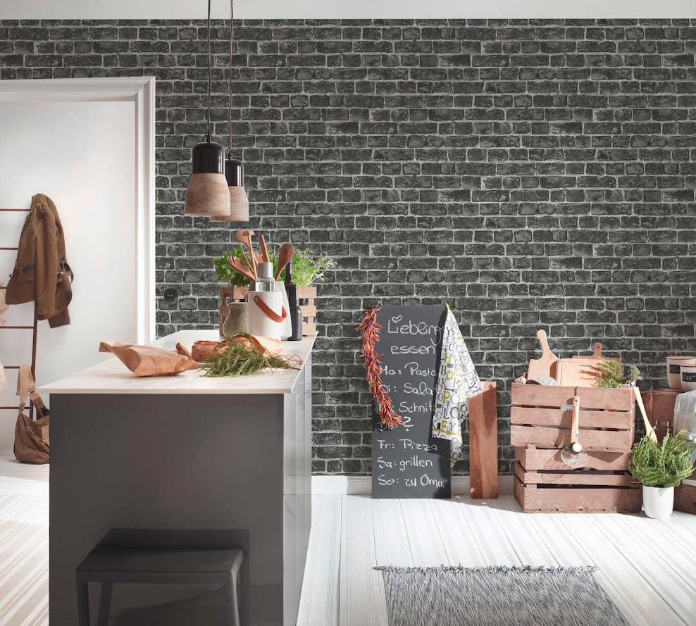 3D Stein Tapete grau im Wohnzimmer Raumbild