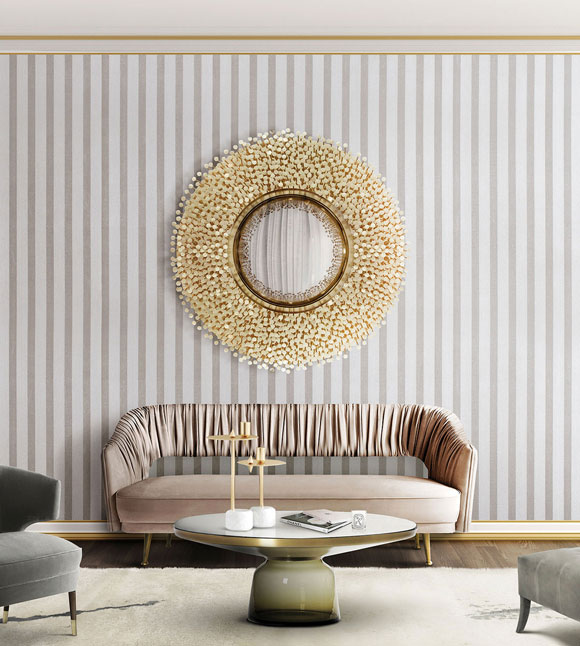 englische Streifentapete grau beige im Wohnzimmer Omexco Infinity aus Berlin online kaufen